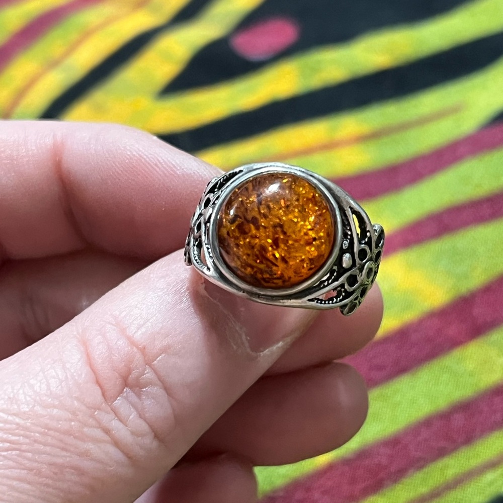 Vintage Boho Sterling Silver 925 Baltic Honey Amber Ring - Size 8 1/2